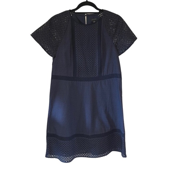 Ann Taylor Dresses & Skirts - Ann Taylor Navy Blue Eyelet Cotton Shift Dress Short Sleeve Size 2 Small Boho